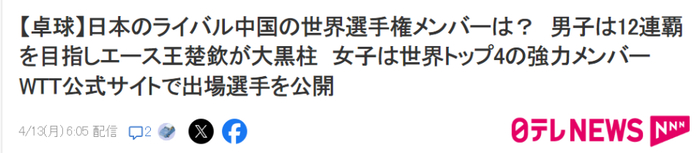 日本队公布世乒赛团体赛名单 中国男团阵容变化